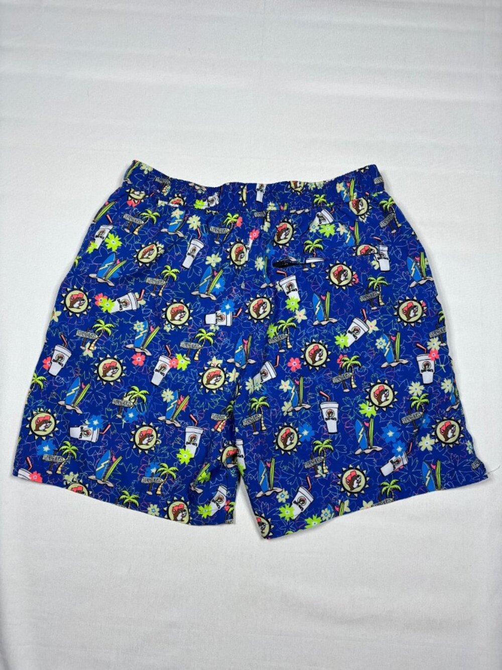 Buc-ee’s Tropical Beaver Swim Trunks Mens L Blue Hawaiian Palm Tree Board Shorts